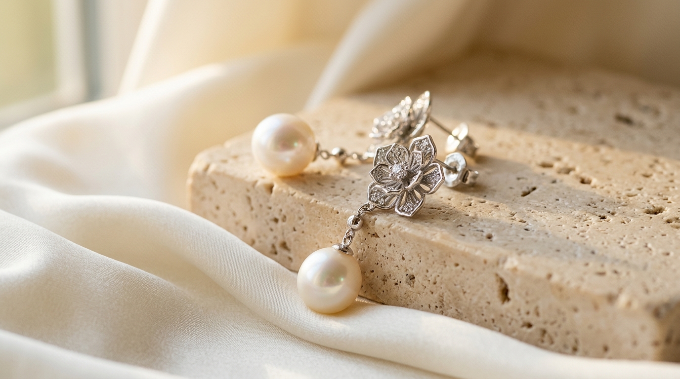 Bridal Pearl Earrings for Wedding arranged on travertine with ivory silk