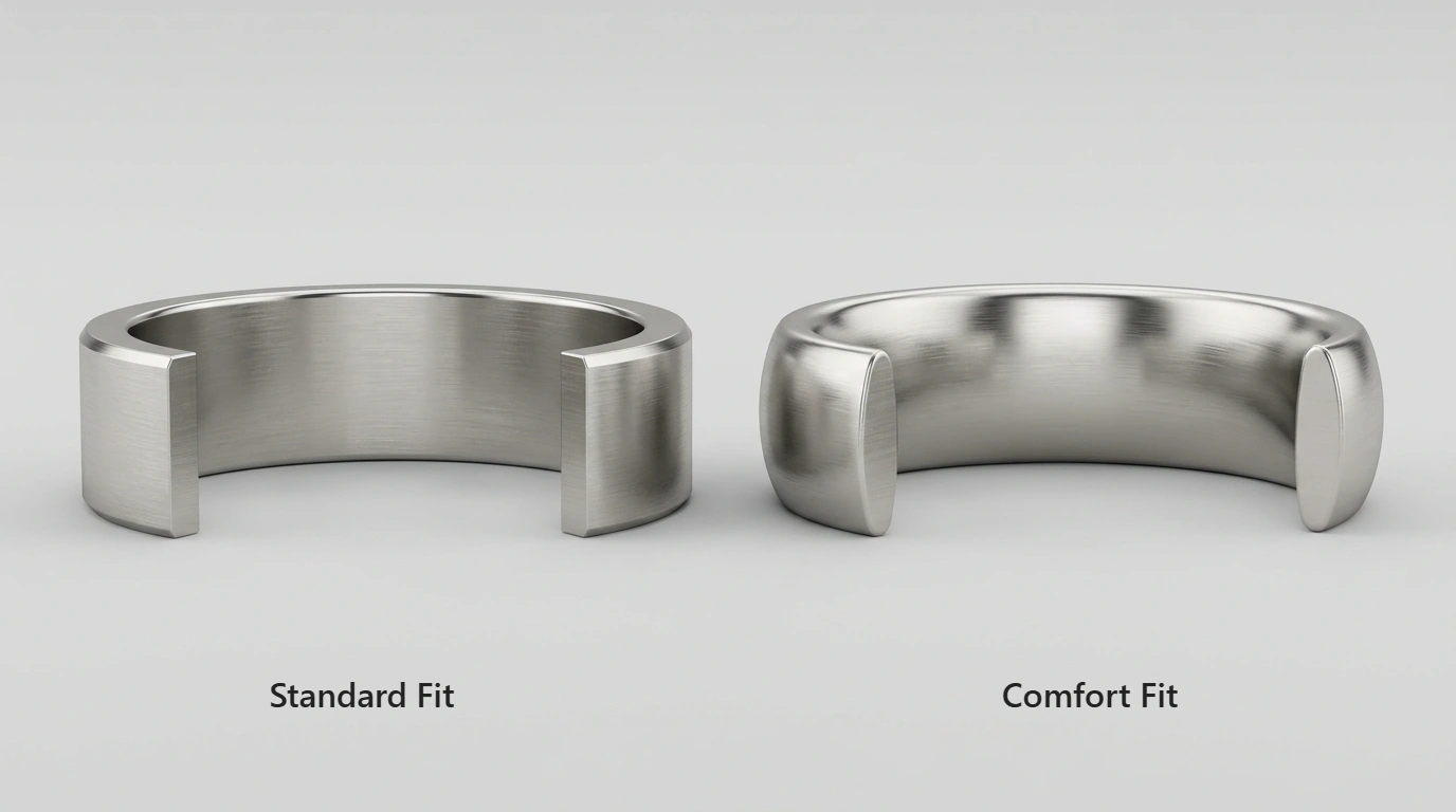 Cross section comparison of flat standard fit vs domed curved comfort fit ring profile