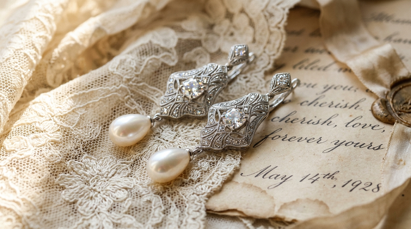 Art Deco sterling silver filigree drop earrings with pearls on antique lace